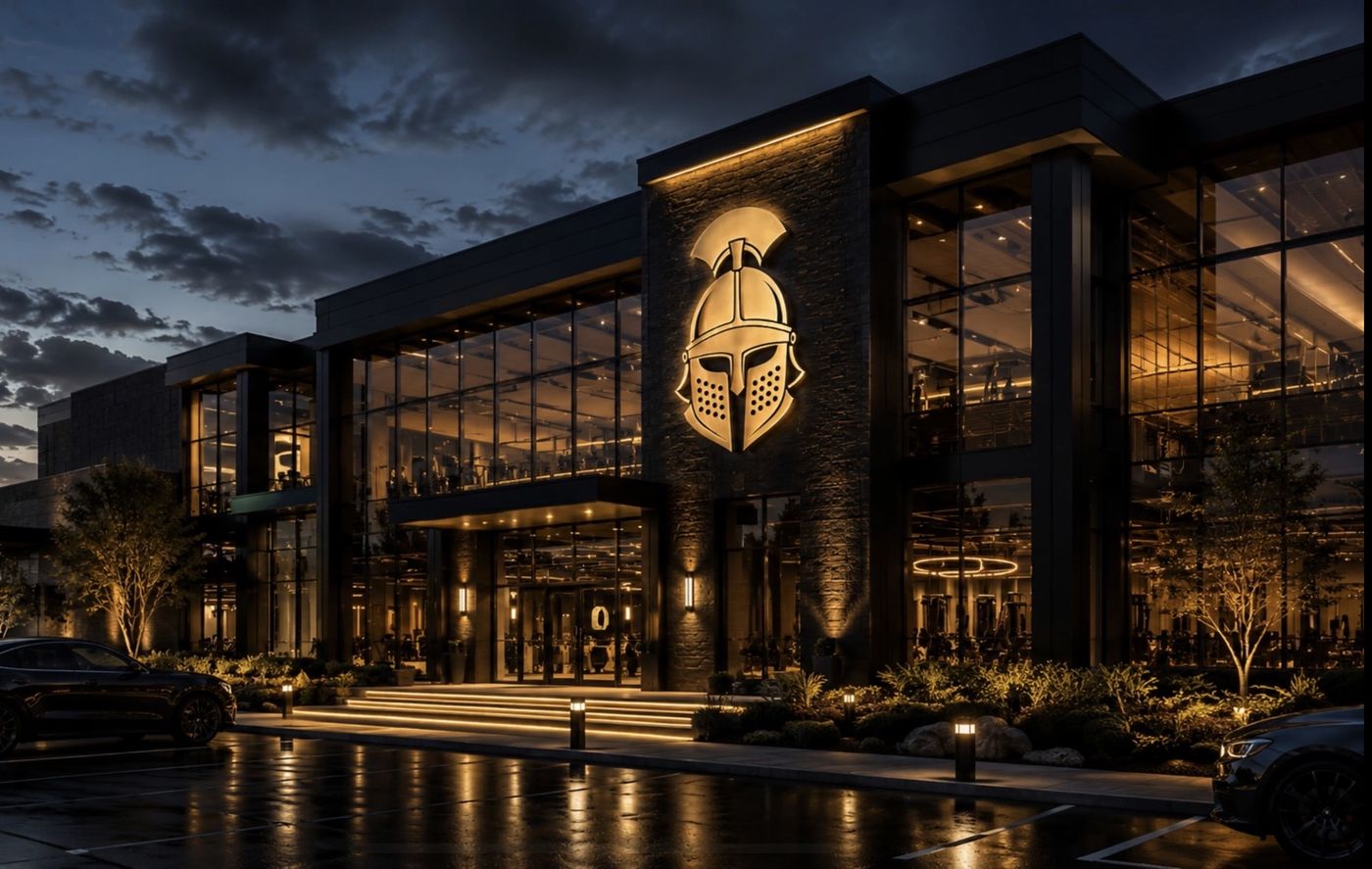 Concept rendering of the planned Gladiator facility exterior at dusk