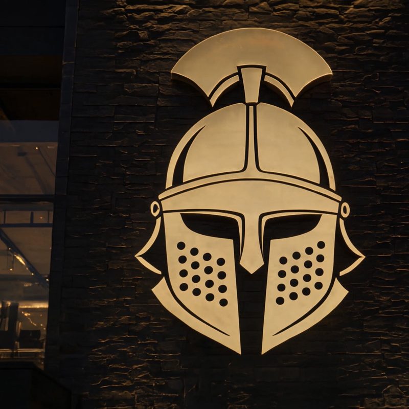 Concept rendering of the Gladiator helmet emblem in brushed gold on dark stone